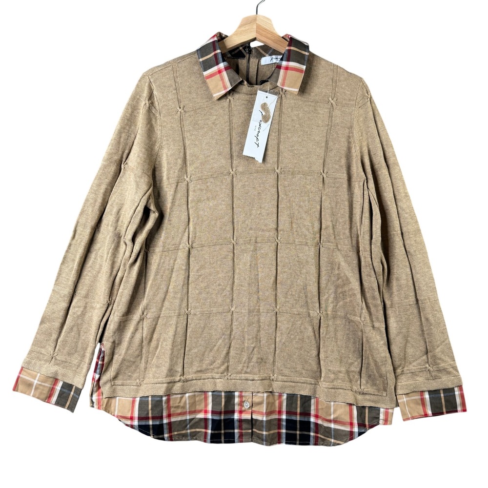 Foxcroft NYC Shoshana Tartan 2-in-1‎ Layered Knit Sweater Biscotti Beige Size L